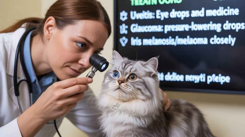 A female veterinarian uses an ophthalmoscope to examine the eyes of a fluffy gray and white cat with heterochromia (one blue eye, one amber eye), while a screen in the background lists eye treatment options. [Why Do My Cat's Eyes Change Color?]