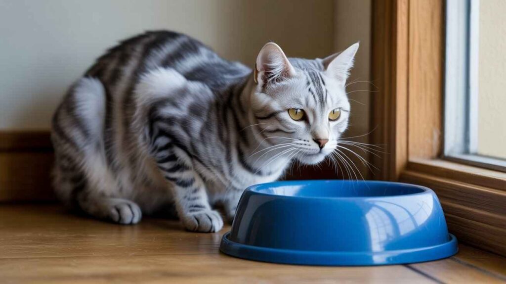 A beautiful silver tabby cat with large yellow eyes is crouched low next to an empty, vibrant blue food or water bowl on a wooden floor near a window.