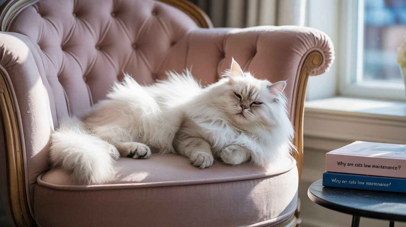 A beautiful, fluffy white Persian cat is lounging luxuriously on a velvet pink armchair next to a small side table with books. Why Cats Are Low Maintenance.