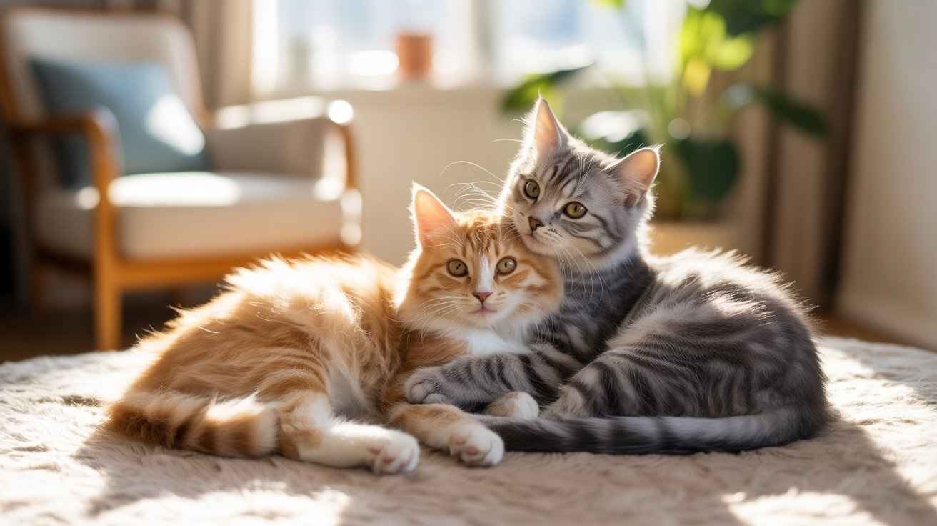 Two affectionate kittens—one orange tabby and one grey tabby—are lying together on a beige rug, embracing each other with their paws. The contrast between their loving posture and a behavior issue like fighting relates to the question, "Why Are My Cats Peeing on My Clothes"