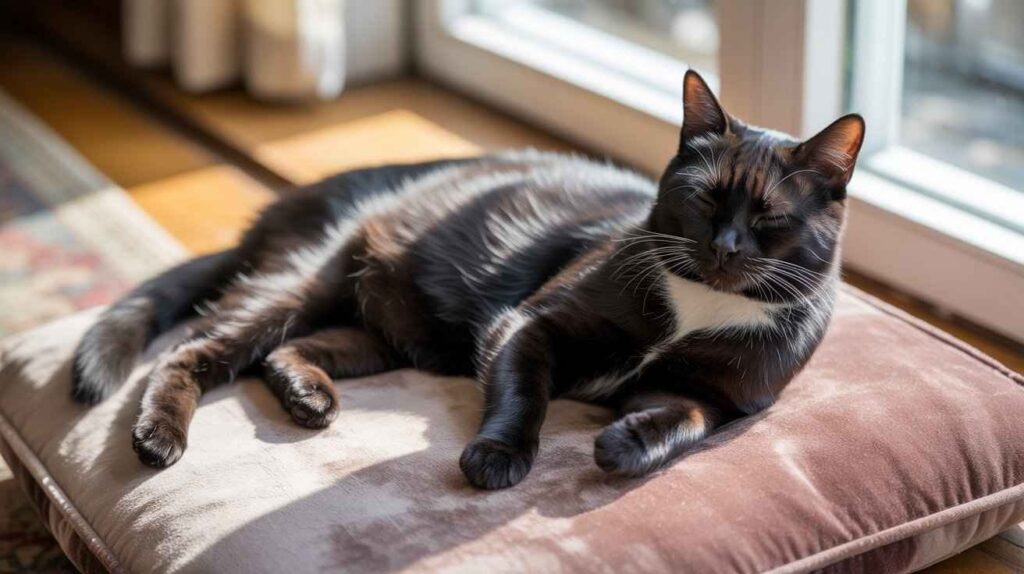 A sleek black tuxedo cat with a white chest patch is lying relaxed on a brown pillow near a bright window.