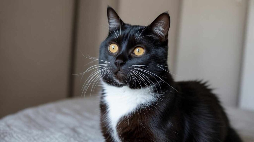 A sleek black cat with a prominent white chest patch and yellow eyes looks to the side while sitting on a textured beige surface. [Why Black Cats Have White Hair]