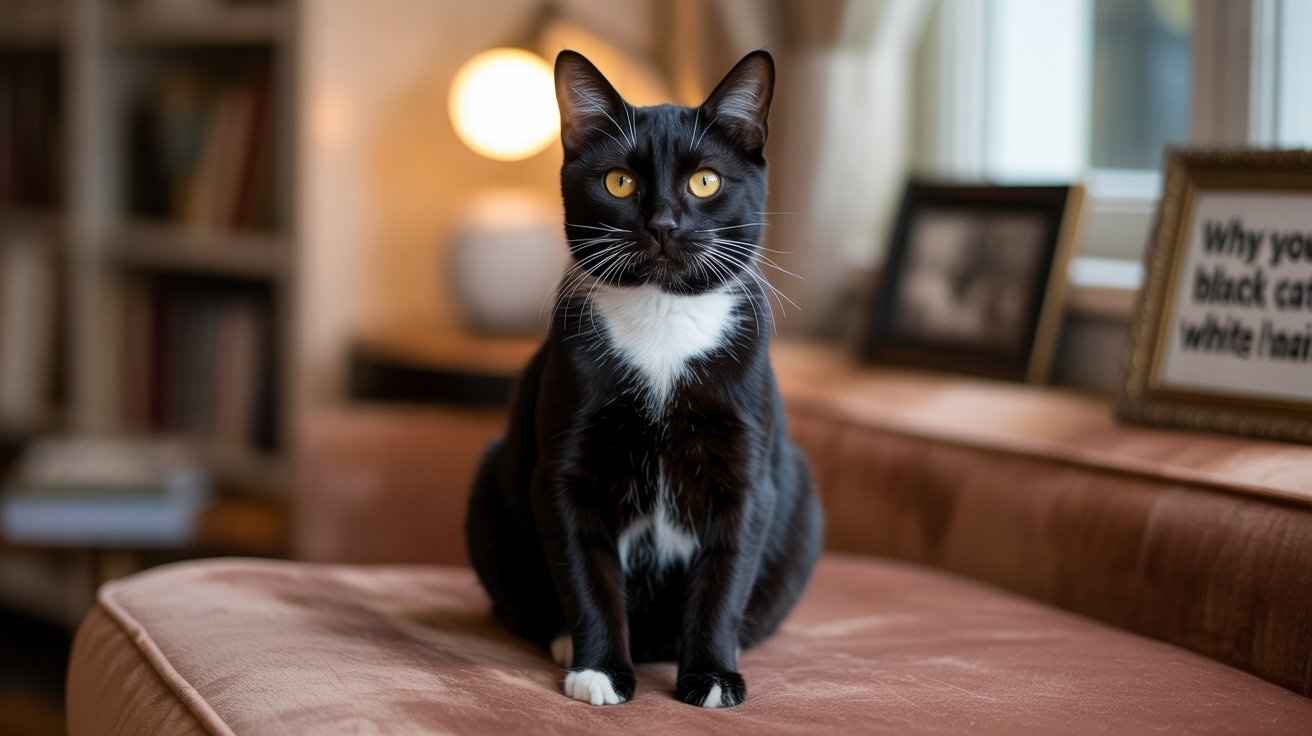 A sleek black tuxedo cat with bright yellow eyes and white chest and paws sits upright on a pink sofa. A framed text partially reads "Why your black cats white hair" in the background. [Why Black Cats Have White Hair]