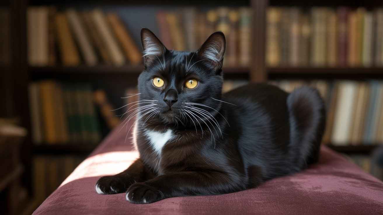 A sleek black cat with bright yellow eyes and a white chest patch is lying down in front of a blurred bookshelf filled with books. [Why Black Cats Have Yellow Eyes]
