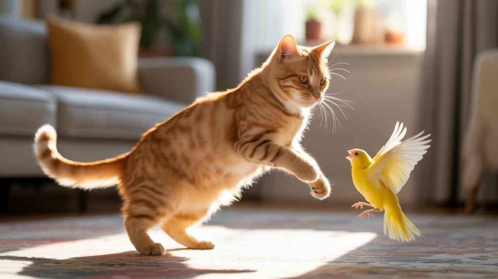 A ginger tabby cat in mid-pounce, with one paw raised, is intently focused on a small yellow bird that is hovering with its wings spread in front of it. This dynamic scene directly illustrates "Why Do Cats Attack Birds."