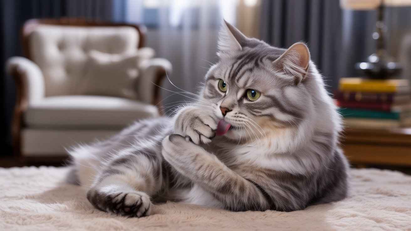 Close-up of a long-haired grey cat with green eyes licking its paw while resting indoors. (Why Do Cats Eat Their Fur?)