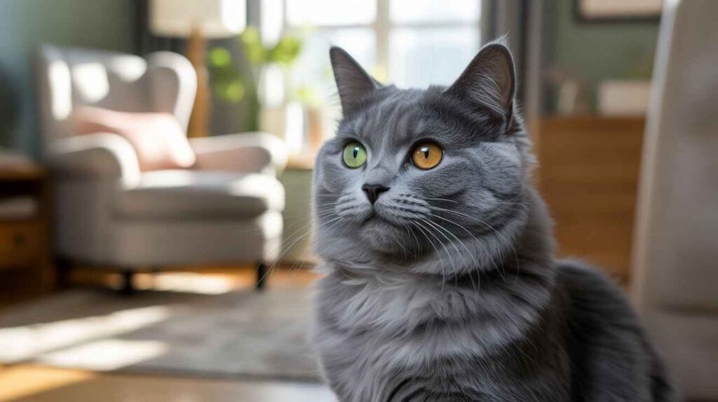 A close-up of a fluffy gray cat with heterochromia, featuring one green eye and one yellow-amber eye, sitting in a sunny living room. [Why Do My Cat's Eyes Change Color?]
