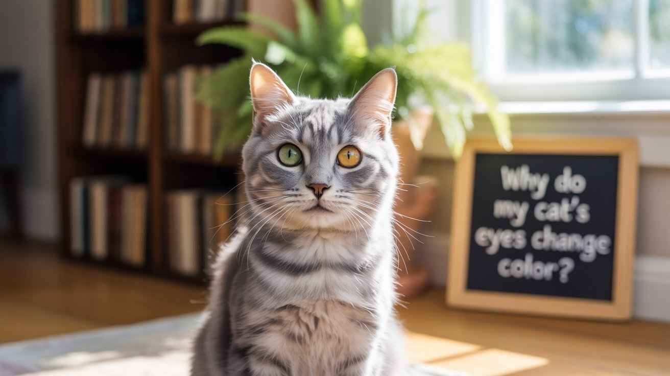 A gray tabby cat with heterochromia (one green eye and one yellow eye) sits indoors, with a chalkboard sign asking, "Why do my cat's eyes change color?" visible next to it.