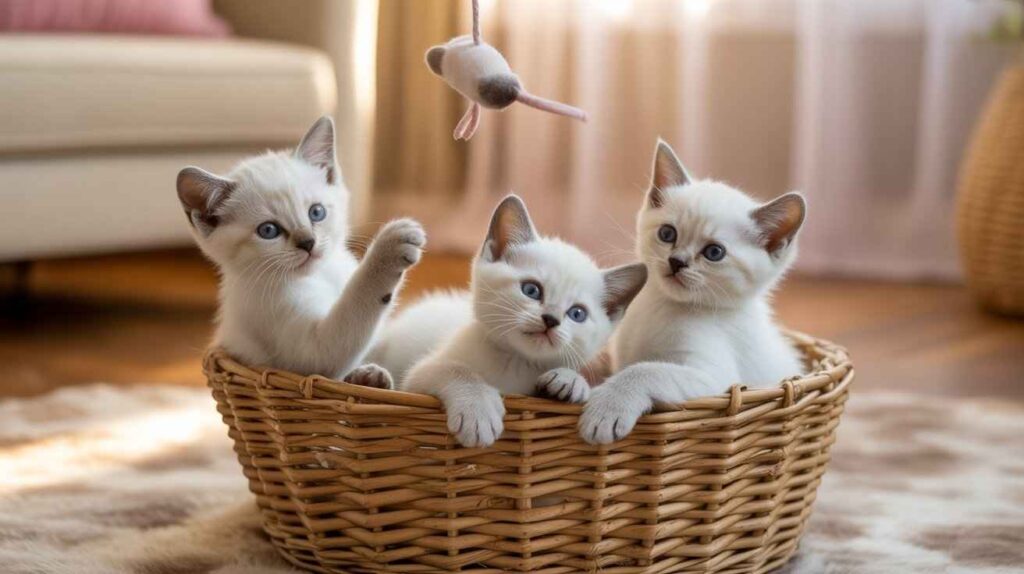 A trio of Siamese kittens, all displaying the breed's characteristic blue eyes, looking up from a basket with a hanging toy mouse above them. (Why Siamese Cats Have Blue Eyes)
