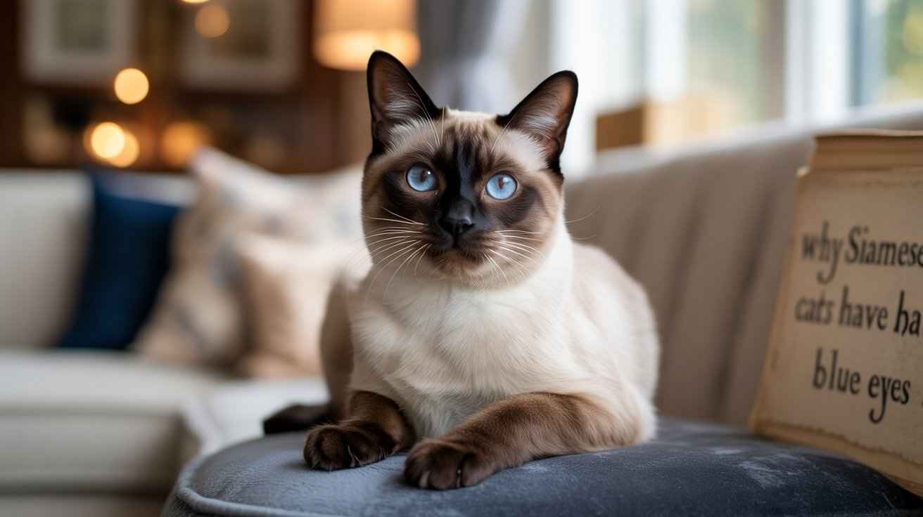 Close-up of a beautiful seal-point Siamese cat with intense blue eyes resting comfortably in a living room setting. The cat's face is dark brown, sharply contrasting with its eye color.
