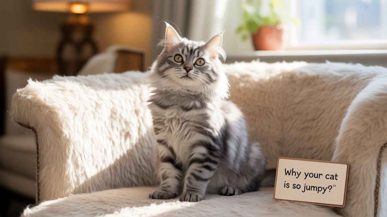 A fluffy grey and white tabby cat sits regally on a plush, furry sofa next to a small sign asking, "Why your cat is so jumpy?"