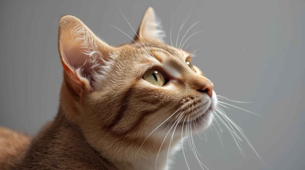 A beautiful close-up of a domestic shorthair cat's head with ginger and tabby markings, and bright green eyes, looking up and to the side. The shot emphasizes its ears and delicate fur, which is relevant to the question, "Why are my cat's ears hot?"