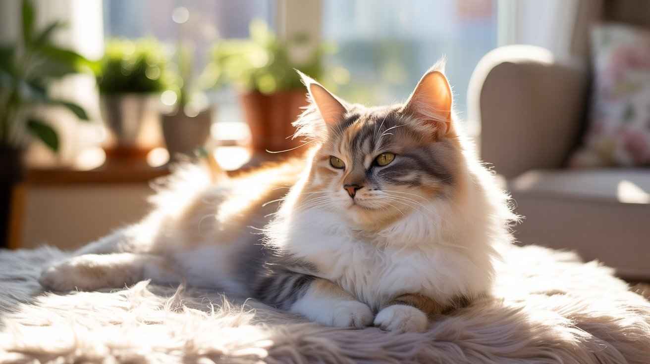 A long-haired calico cat with white, brown, and ginger fur is lying on a soft, light-colored rug in a sunny room with houseplants near a window. The cat's relaxed posture in the warm sunlight relates to the question, "Why are my cat's ears hot?"