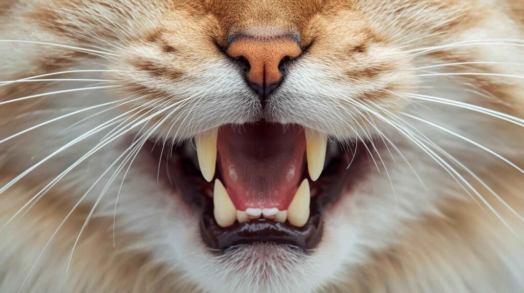 An extreme close-up of an orange tabby cat's open mouth, clearly showcasing its long fangs and the surrounding smaller teeth, which exhibit a visible yellow tint. This image is relevant to the question, "Why are my cat's teeth yellow?"