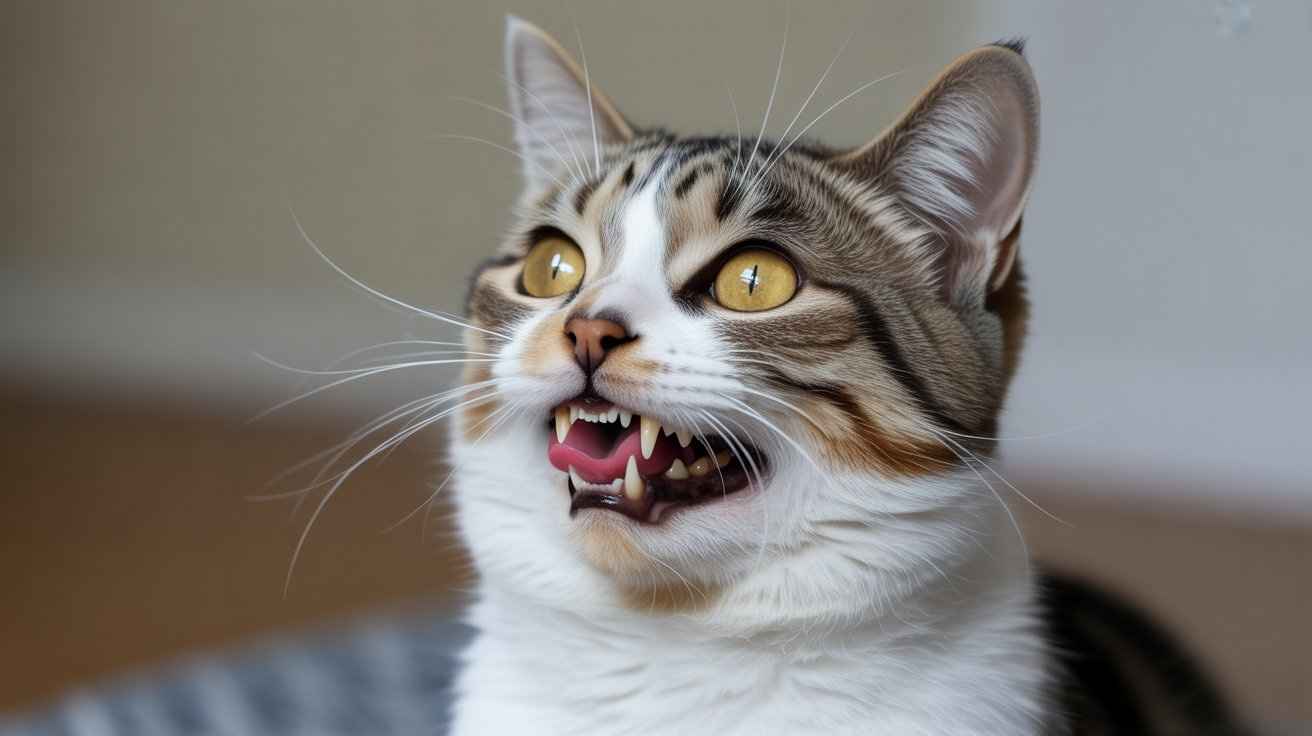 A close-up of a domestic shorthair cat with tabby markings and a white muzzle, mid-yawn or hiss, clearly revealing its upper and lower teeth which appear slightly yellow. This image is relevant to the question, "Why are my cat's teeth yellow?"
