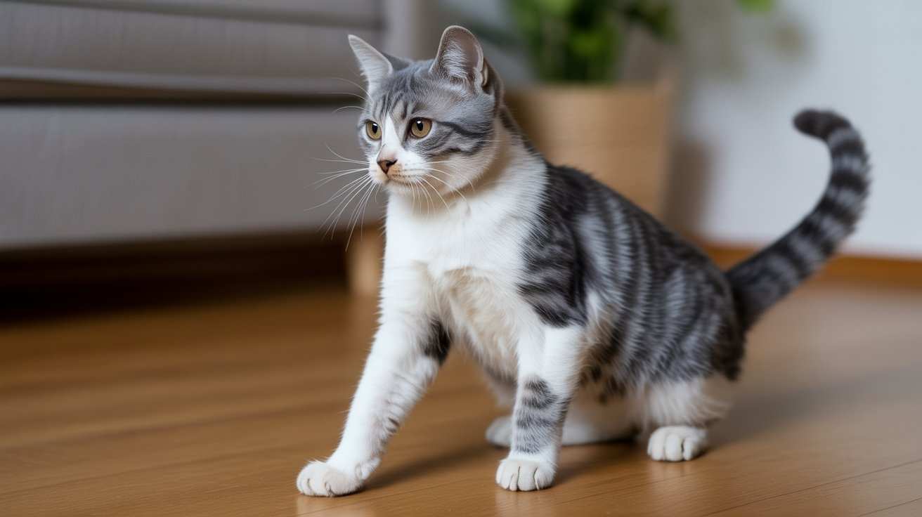 A beautiful grey and white tabby cat is standing on a wooden floor in an unusual posture, extending one white paw forward, which suggests a movement issue. This image relates to the question, "Why can't my cat walk?"