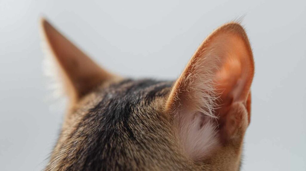 A focused close-up on the back and inner fluff of a brown tabby cat's ear against a light background. This visual concentration on the ear is highly relevant to the question, "Why are my cat's ears hot?"