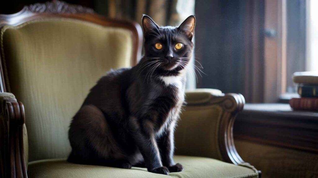 A sleek black cat with striking yellow-orange eyes and a white chest patch sits regally on a vintage green velvet armchair. [Why Black Cats Have Yellow Eyes]