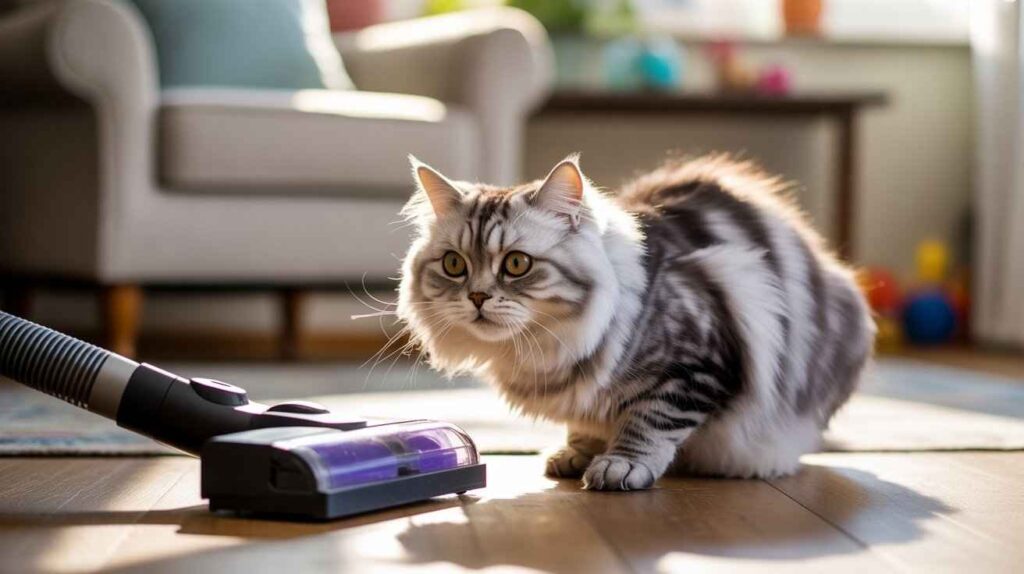 A fluffy silver tabby cat, looking slightly startled, is crouched down on a wooden floor, observing the head of an upright vacuum cleaner. This image illustrates the question, "Why are cats scared of vacuums?"