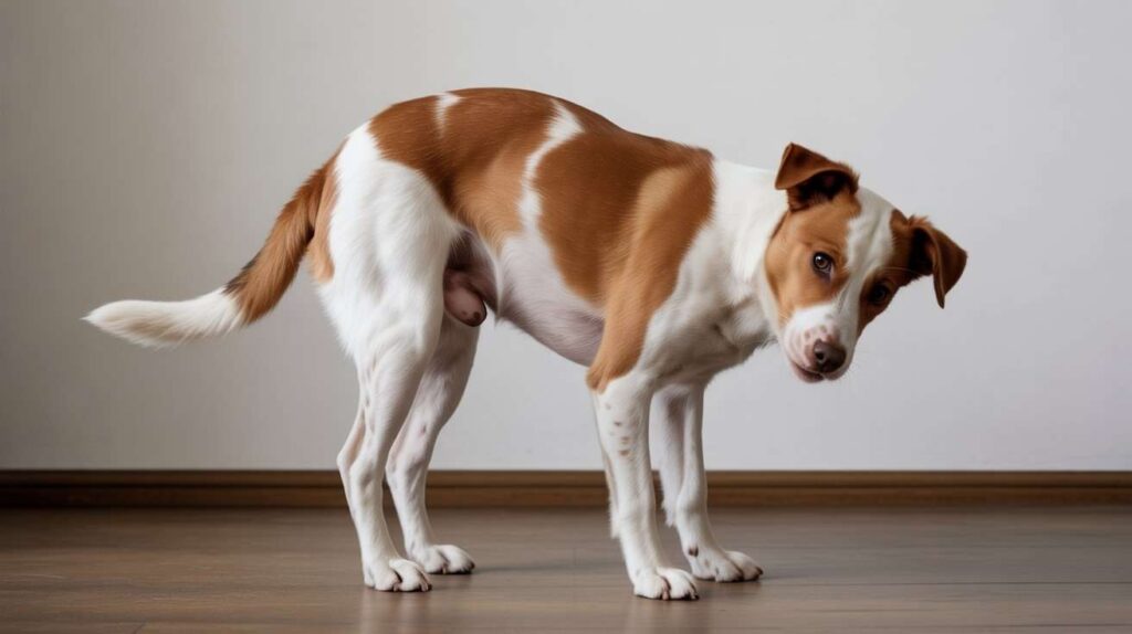 A white and brown dog stands on a wooden floor with its back arched and its head tilted, looking at the camera.