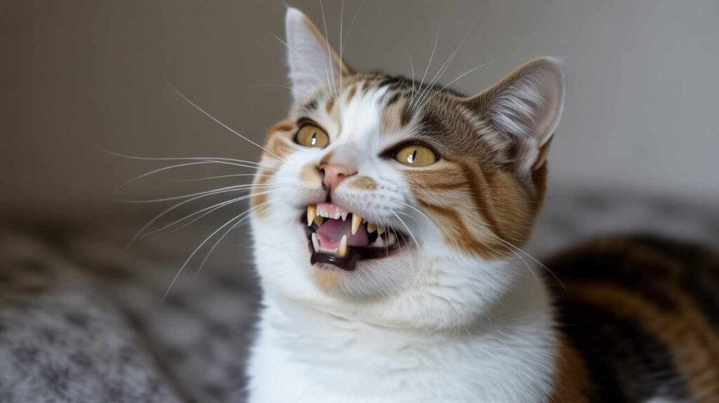 A close-up shot of a white and brown tabby cat with large golden eyes mid-hiss or vocalization, revealing its upper and lower teeth, which clearly show a yellow discoloration. This image illustrates the question, "Why are my cat's teeth yellow?"