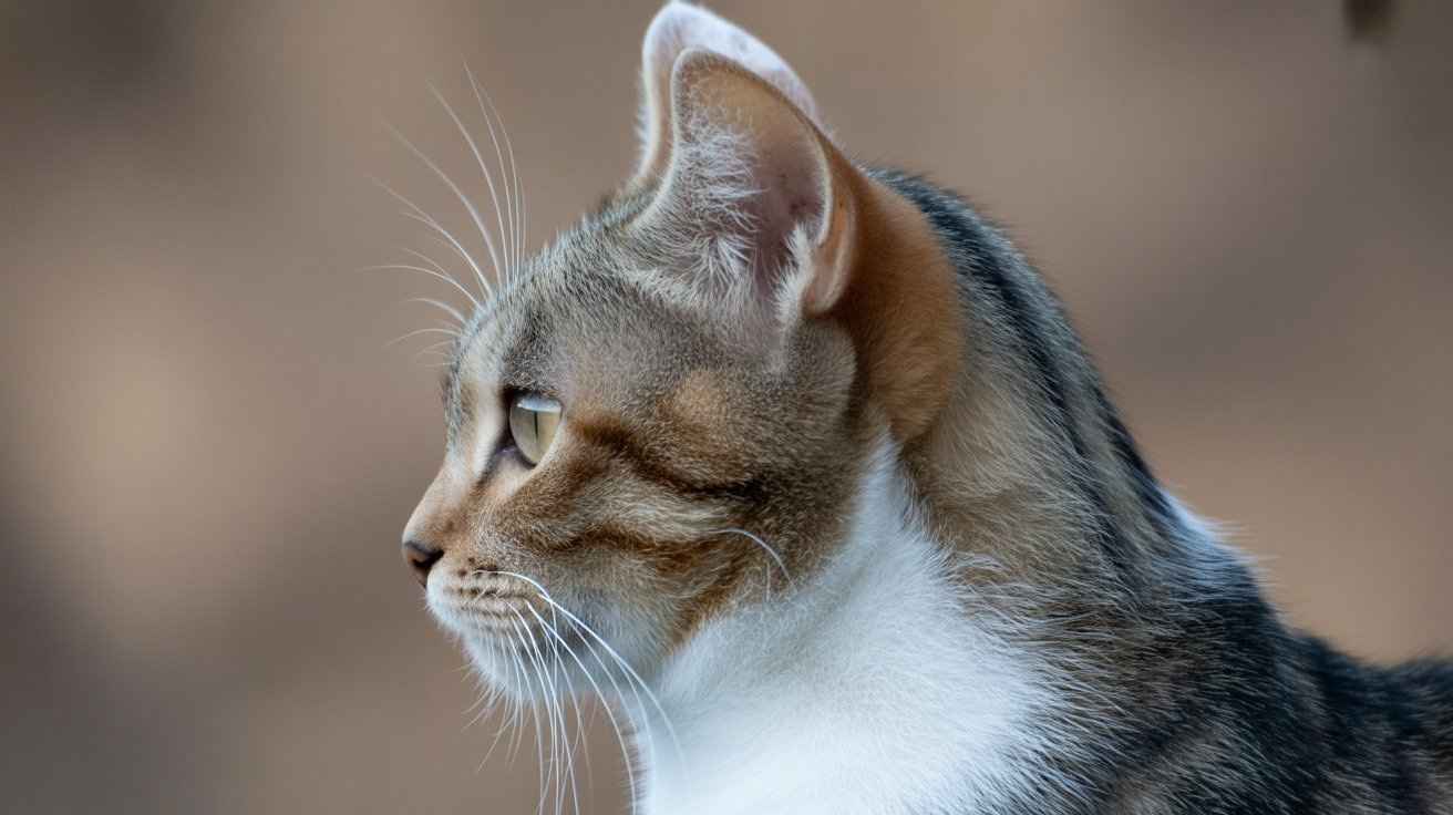A close-up profile of a brown and gray tabby cat with a white chest, highlighting the slit (Henry's pocket) on the outer edge of its ear. [Why Cats Have Slits in Their Ears]