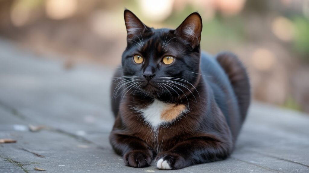 A sleek black cat with warm, reddish-brown fur visible, especially around its legs and face, is lying on a gray paved surface outdoors. This is a visual representation of the question: "Why Do Black Cats Turn Brown??"