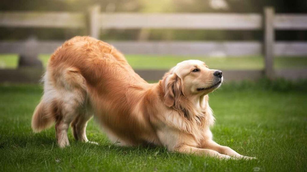 A Golden Retriever performs a play bow stretch on bright green grass outdoors, with its front paws down and its rear end up. [Why Your Dog Arches His Back Like a Cat?]