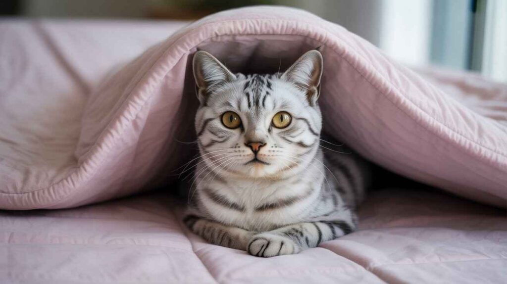 A silver-gray tabby cat with striking yellow eyes nestled cozily under a pink blanket on a bed, looking directly at the camera. The cat's paws are neatly crossed in the front.