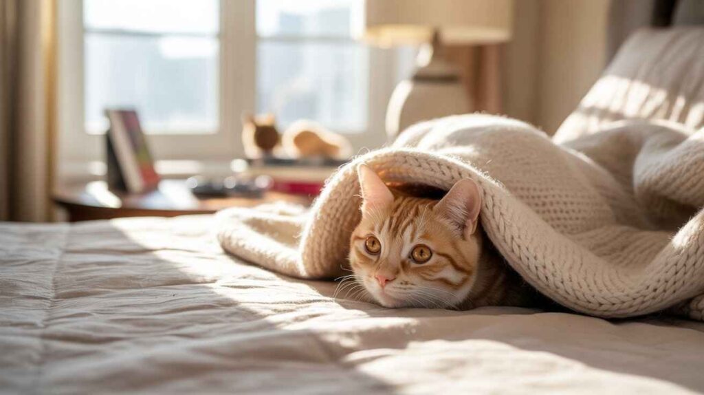 A close-up photograph of a fluffy domestic longhair cat with gray and white tabby markings, looking up intensely at a human finger that is lightly touching a strand of twinkling fairy lights. The cat has long, prominent whiskers and a thick coat. [Why Are My Cats So Staticy]