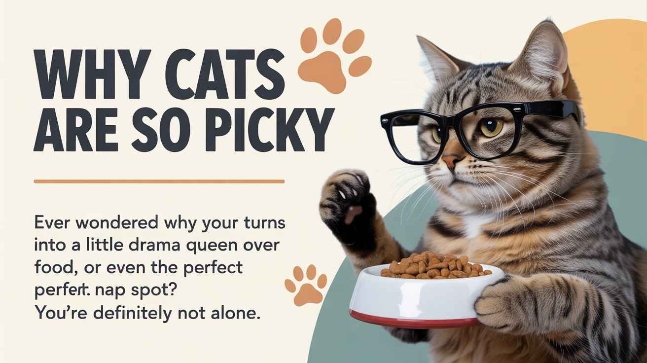 A whimsical, illustrated infographic titled "WHY CATS ARE SO PICKY". It features a tabby cat wearing eyeglasses and holding a small bowl of kibble. The text below reads, "Ever wondered why your turns into a little drama queen over food, or even the perfect perfect nap spot? You're definitely not alone." with decorative paw prints.