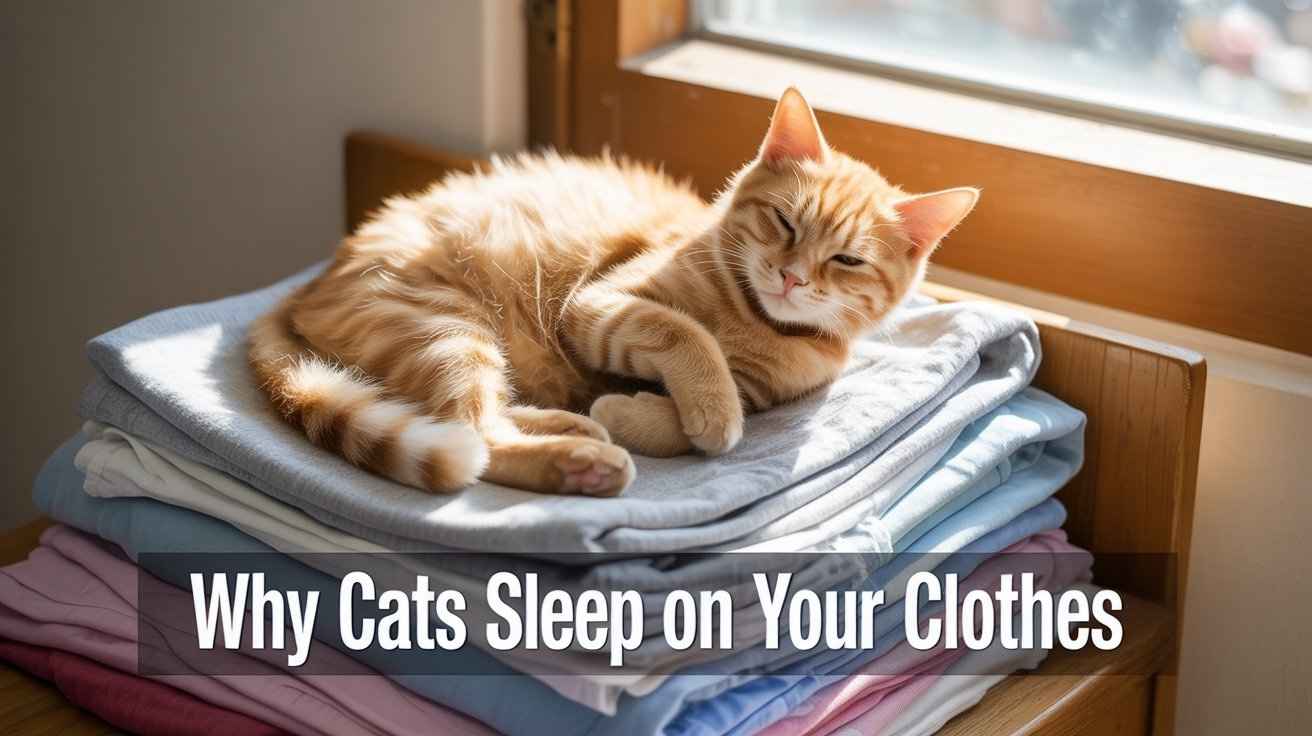 A sleepy **orange tabby cat** is curled up and resting comfortably on a high stack of folded laundry or clothes next to a bright window. The image includes text overlay that reads: **Why Cats Sleep on Your Clothes**.