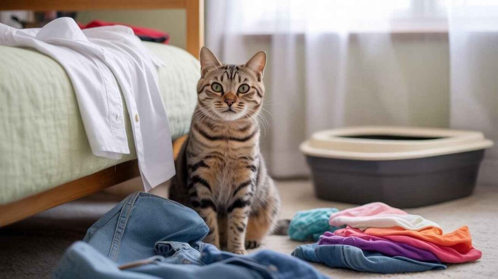 A tabby cat sits on a carpet next to a pile of folded clothes and a nearby litter box, giving a concerned stare. The foreground is blurred with some denim clothing. [Why Cats Urinate on Clothes]