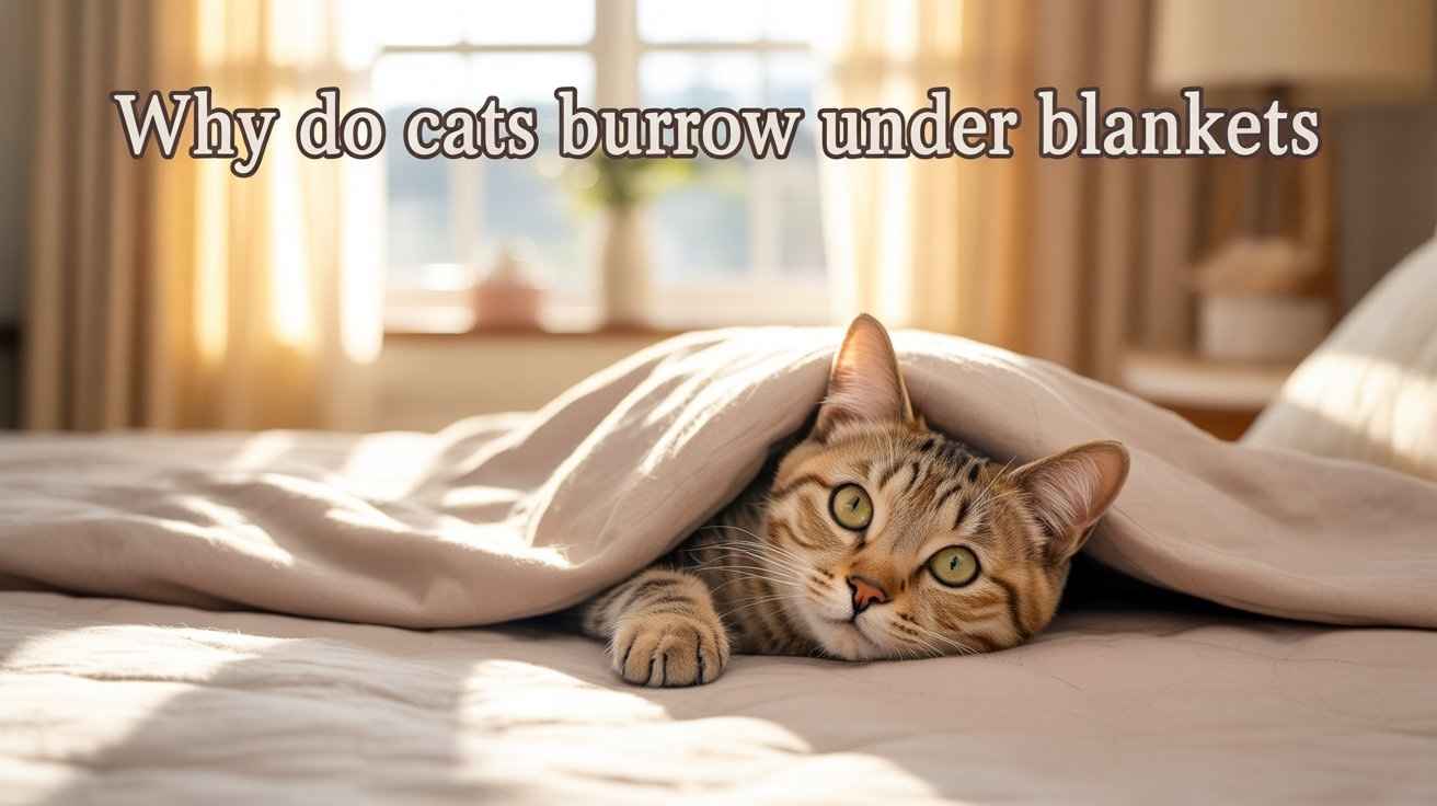 A cozy digital illustration of a tabby cat with green eyes nestled under a light brown blanket on a bed, looking directly at the camera. The text overlay asks, "Why do cats burrow under blankets". Sunlight streams through a window in the background.