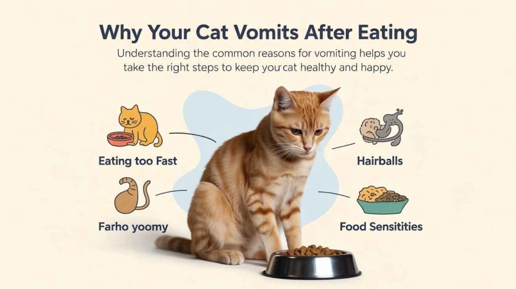 An infographic illustrating the reasons a cat might vomit after eating, featuring a ginger cat sitting next to its food bowl. The text points to "Eating too Fast," "Hairballs," and "Food Sensitivities" as common causes. [Why Your Cat Vomits After Eating]