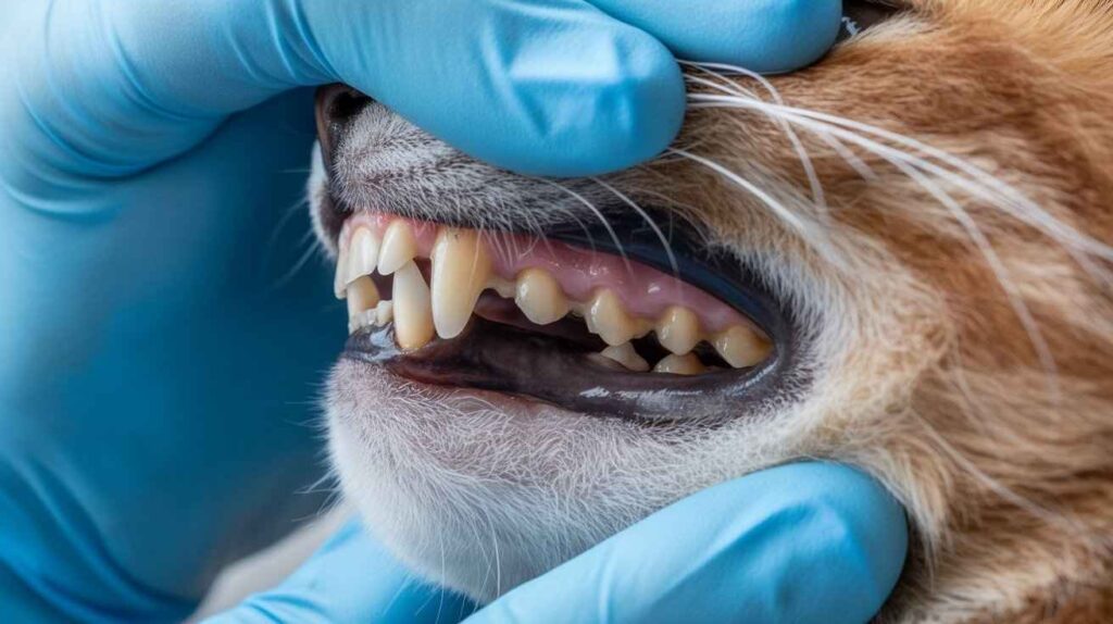 A close-up veterinary photograph showing the open mouth of a cat. The teeth are visible, and the gums have large, distinct areas of dark, almost black pigmentation mixed with normal pink areas. [Why are my Cat’s Gums Black]