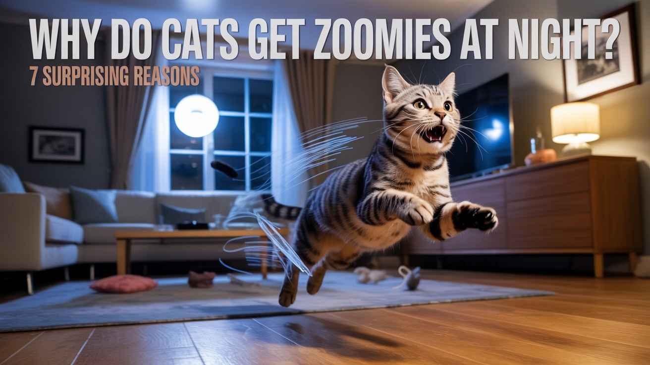 A tabby cat is captured mid-air, running across a living room rug at night, suggesting high energy, with the text "WHY DO CATS GET ZOOMIES AT NIGHT? 7 SURPRISING REASONS" superimposed. [Why do Cats Get Zoomies at Night]