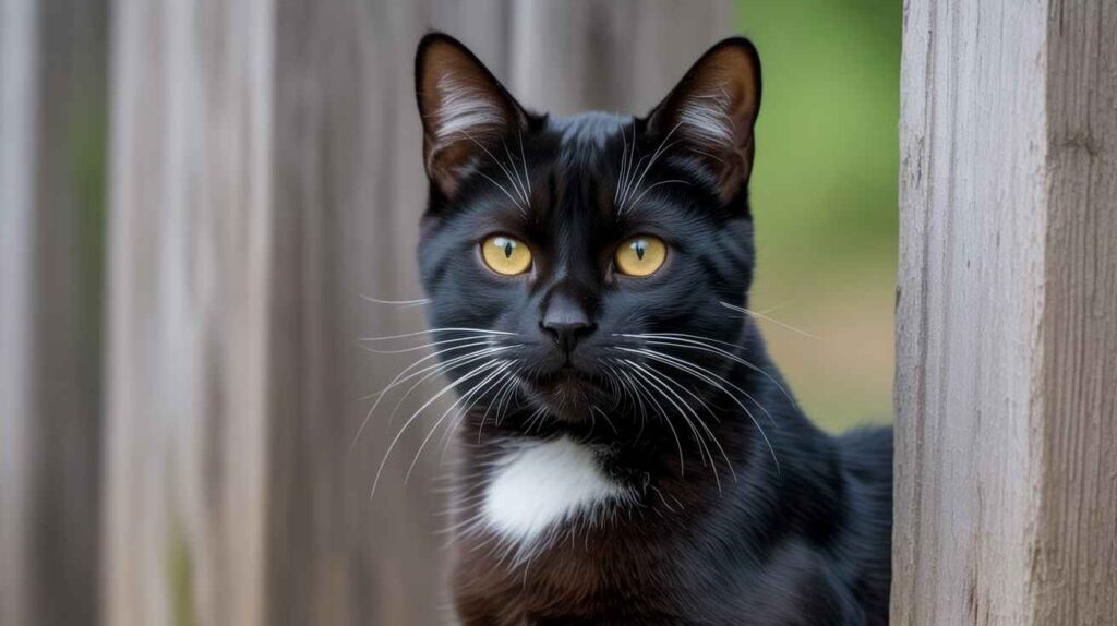 A beautiful black and white cat with yellow eyes and white whiskers looks intently past a wooden fence or structure. [Why are black cats Dreaded]