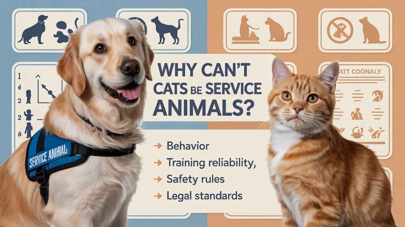 An educational infographic titled "Why Can’t Cats Be Service Animals?" featuring a service dog and a house cat to explain why [Can’t Cats Be Service Animals].
