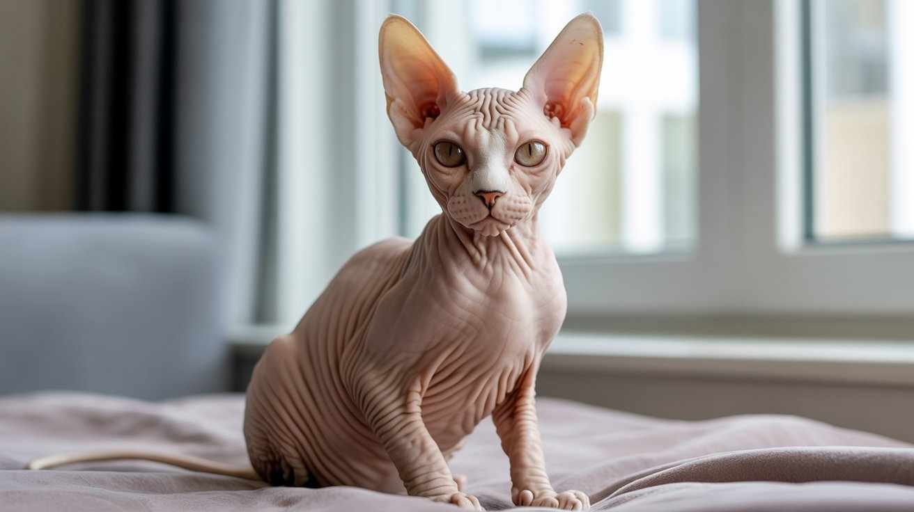 Sphynx cat sitting indoors showing hairless wrinkled skin and large ears, explaining why Sphynx cats are so expensive compared to other cat breeds.