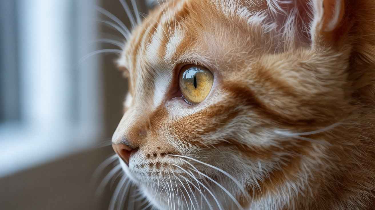 A close-up profile of an orange tabby cat's eye, used to help pet owners understand [Why can I see my Cat’s third Eyelid].