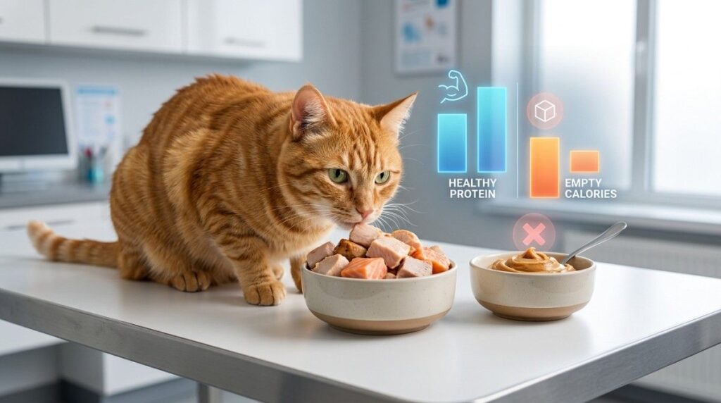 An orange cat eating meat next to a bowl of peanut butter with nutritional comparison charts, asking can cats have peanut butter