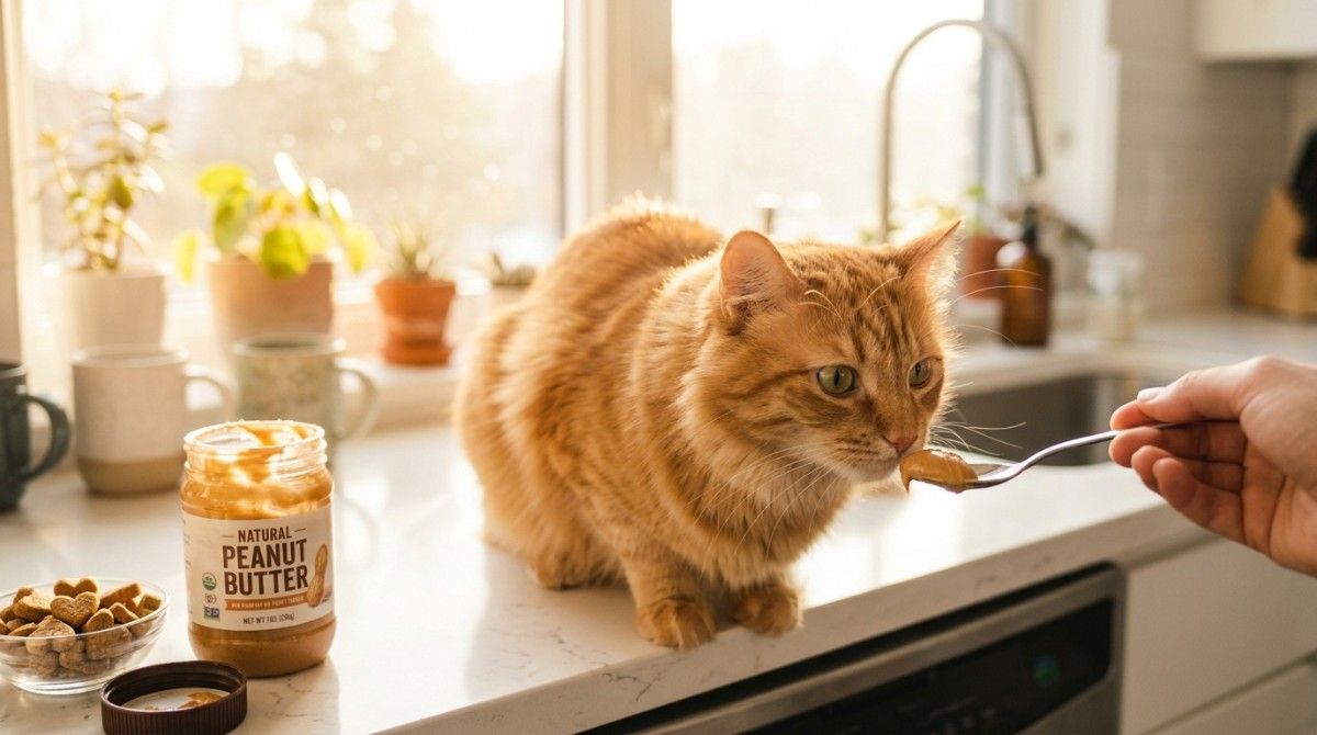 An orange tabby cat on a kitchen counter being offered peanut butter from a spoon, illustrating the query "Can Cats Have Peanut Butter?"
