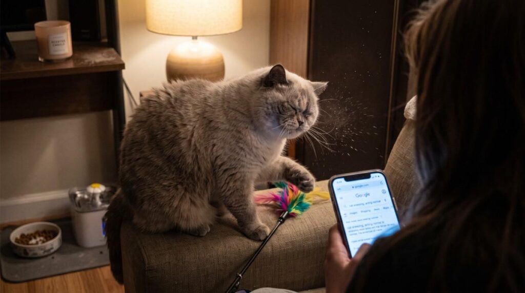 A fluffy cat squints mid-sneeze on the back of a sofa next to a feather toy while an owner holds a smartphone displaying a search about a cat sneezing a lot but acting normal.