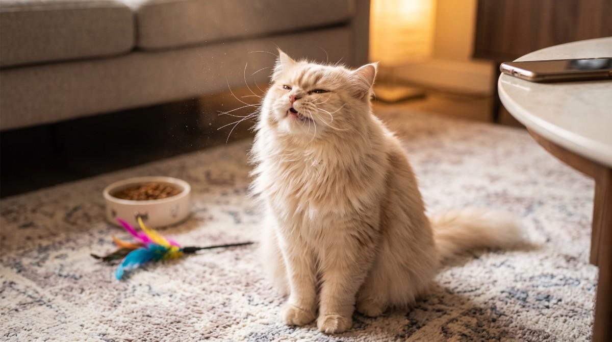 Fluffy cat sneezing a lot but acting normal while sitting on a patterned rug near its food dish and toys.