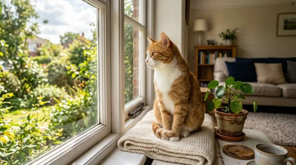  A calm domestic cat sitting on a sunlit windowsill, illustrating everyday cat care at home