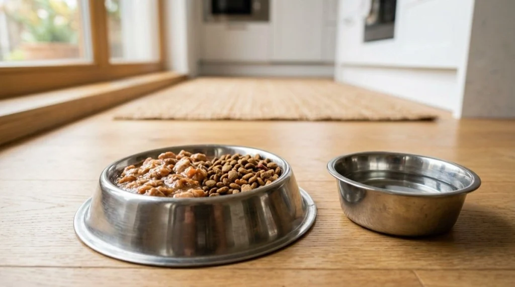  A portioned bowl of wet and dry cat food beside a water bowl, showing proper cat feeding setup