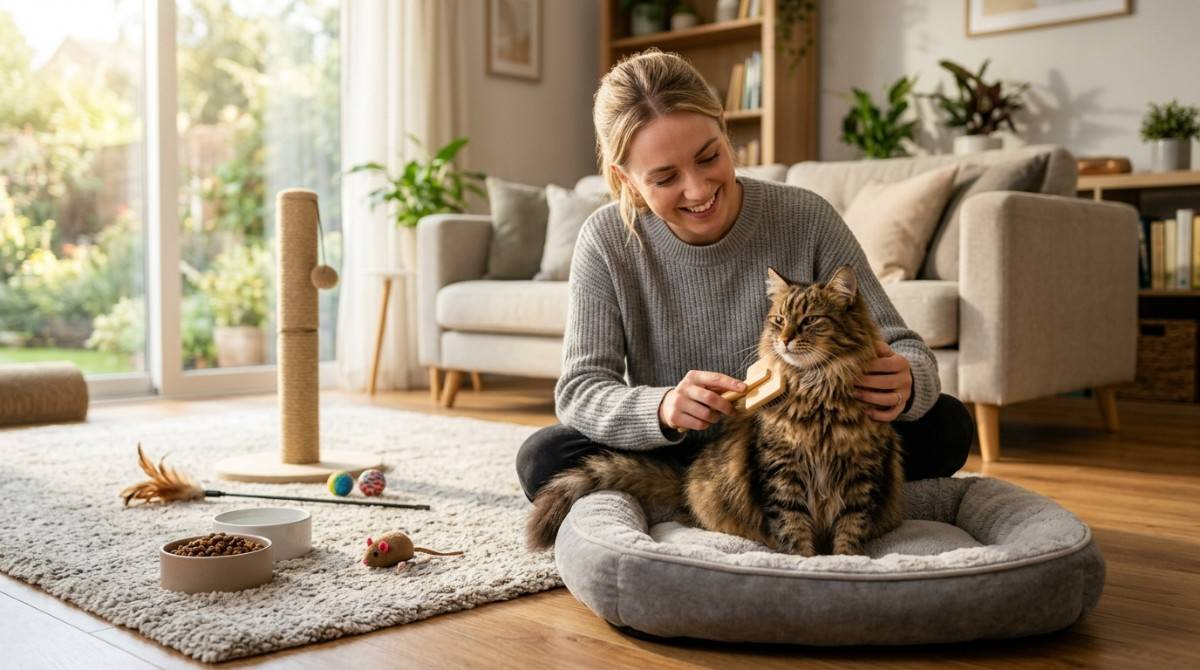 **"Cats care at home with a pet owner gently brushing a fluffy tabby cat in a cozy living room, surrounded by cat toys, food bowls, a scratching post, and a comfortable pet bed."**