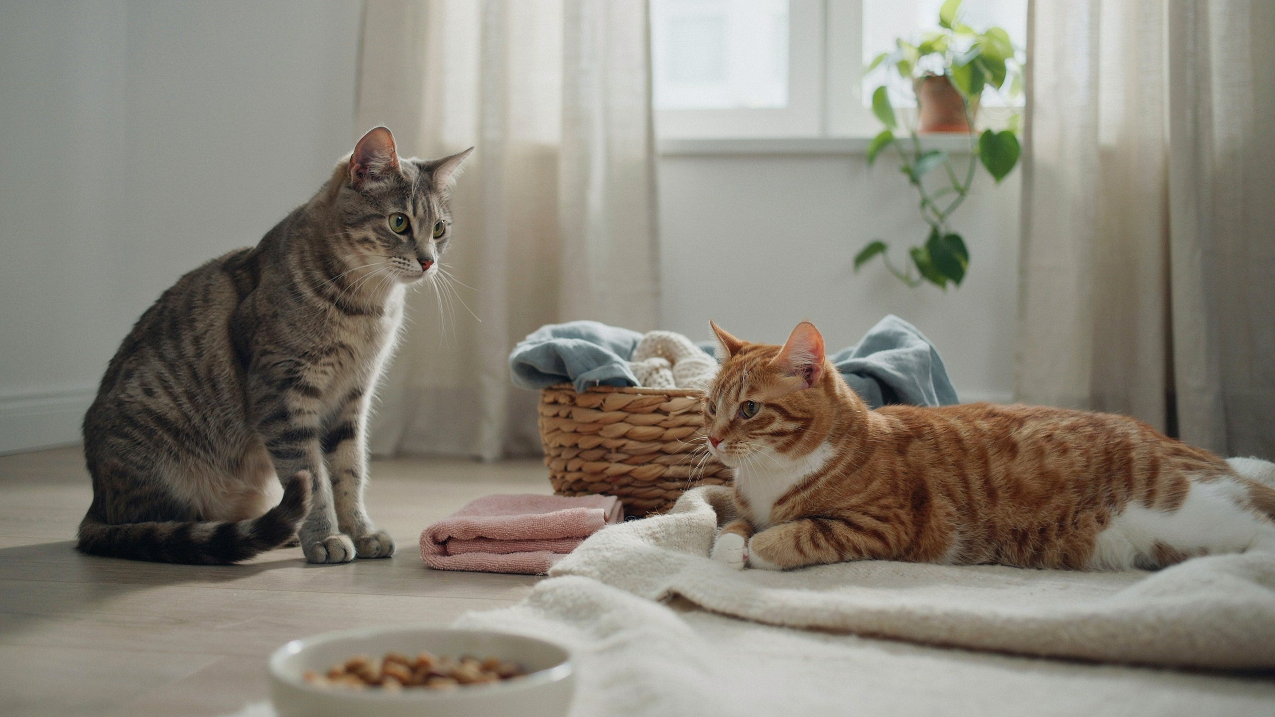 A grey tabby cat and an orange tabby cat relaxing indoors near towels, illustrating a guide on how long are cats pregnant.