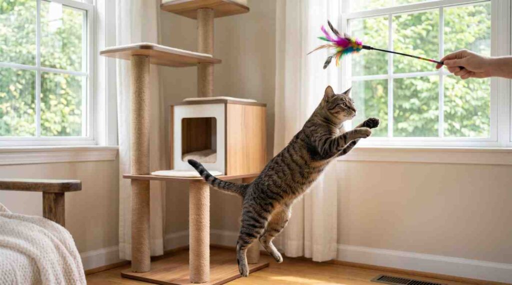 How to take care of a cat indoor guide: A striped cat leaps in the air to catch a feather toy near a modern cat tree and window